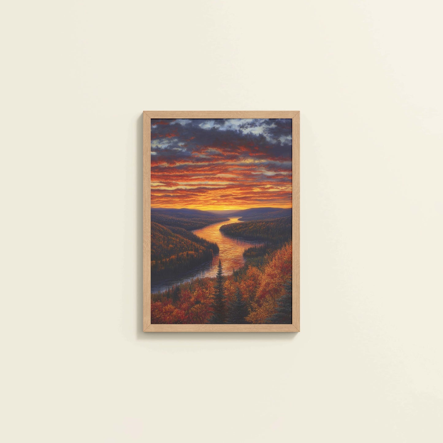 Wall View of Autumn Glow – Sunset Over River Landscape Wall Frame in Natrual Color Frame