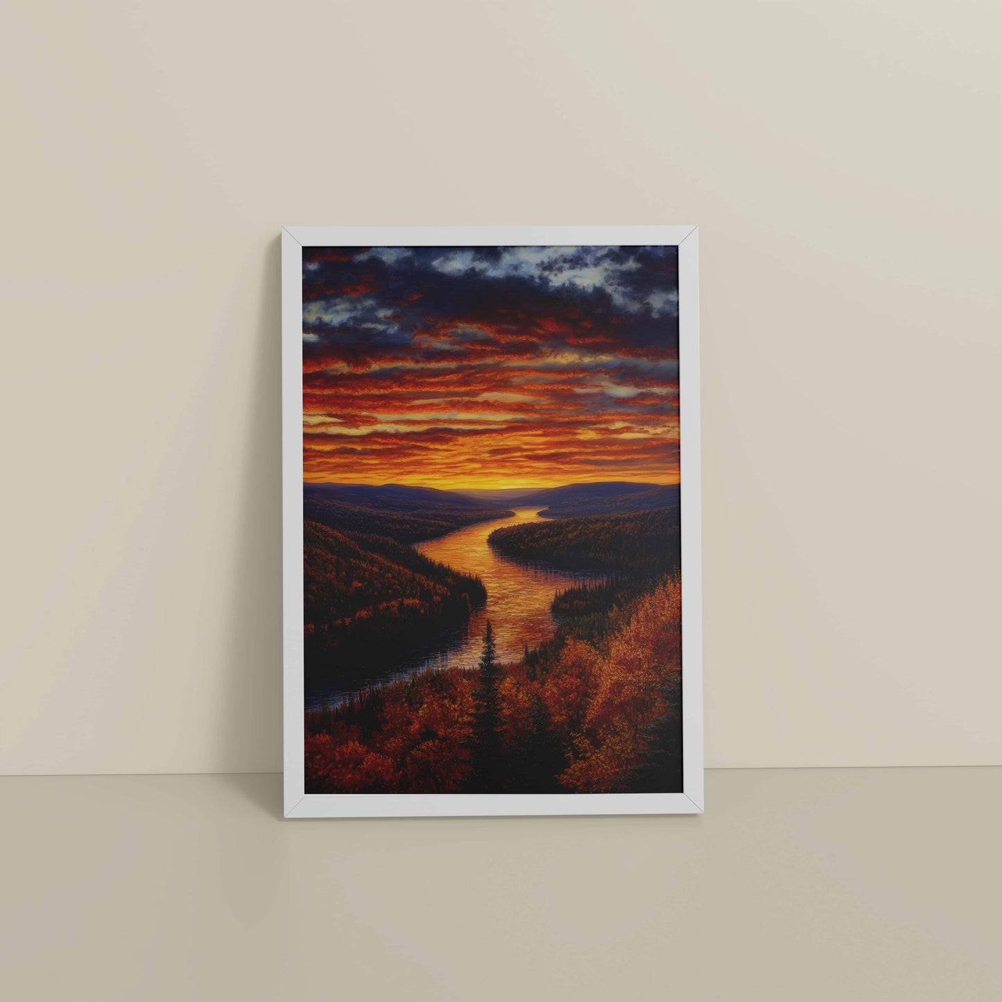 Floor View of Autumn Glow – Sunset Over River Landscape Wall Frame in White Color Frame