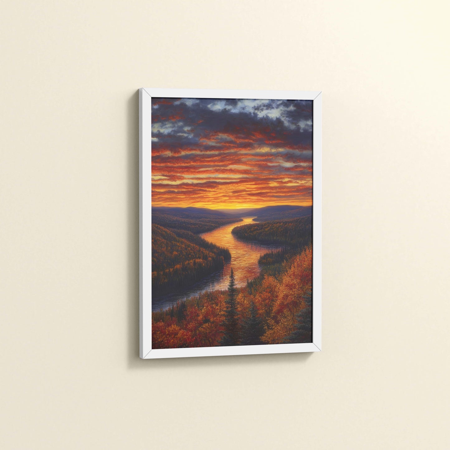 Side View of Autumn Glow – Sunset Over River Landscape Wall Frame in White Color Frame