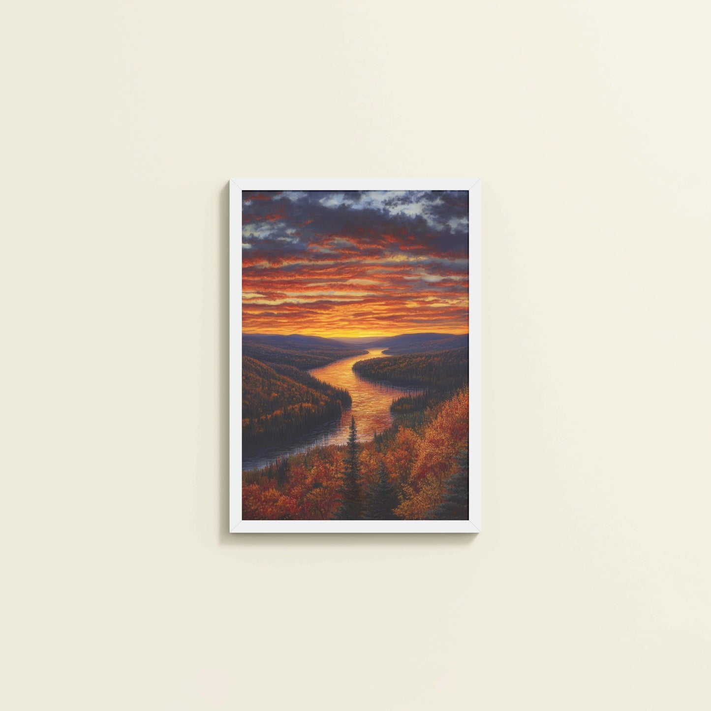 Wall View of Autumn Glow – Sunset Over River Landscape Wall Frame in White Color Frame