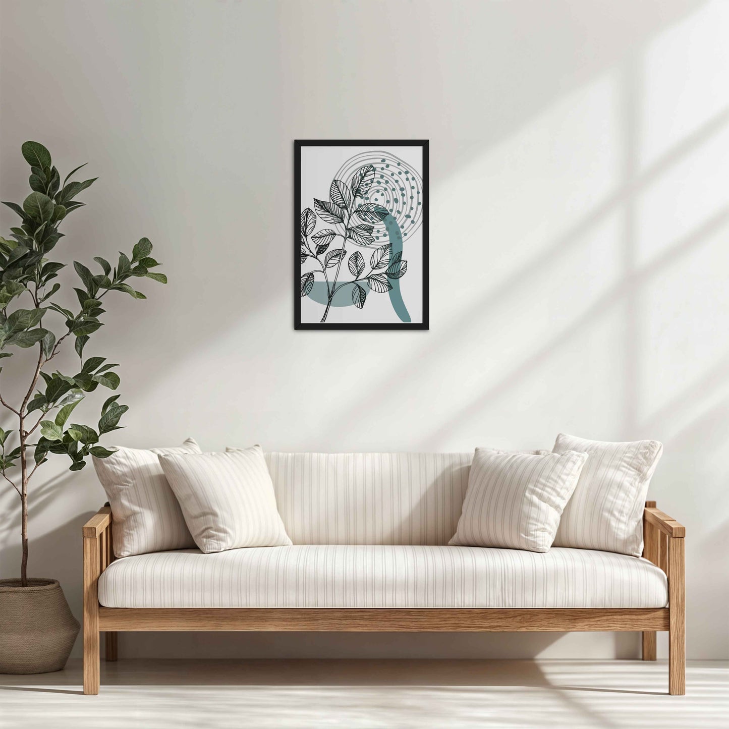 Living Room Cabinet Table Preview of Nature’s Rhythm – Contemporary Leaf Line Art in Black Color Frame