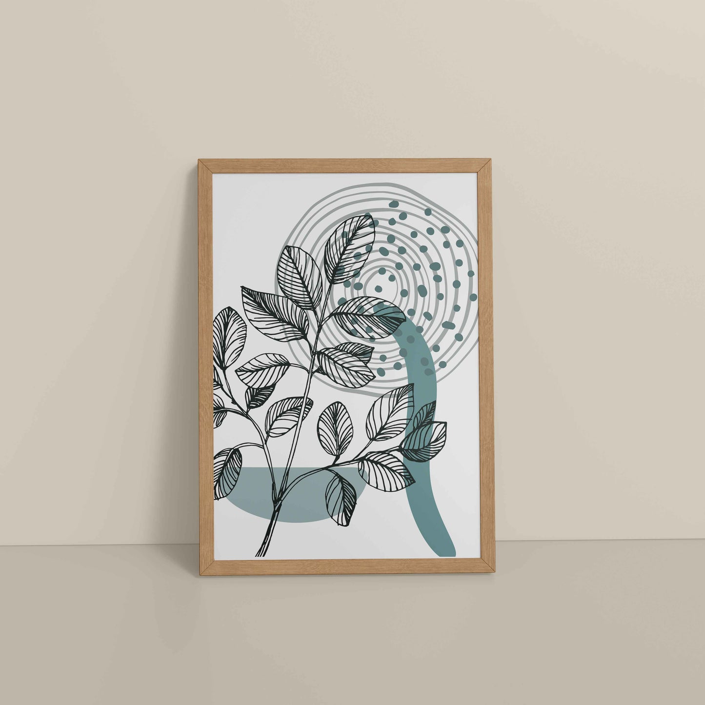 Floor View of Nature’s Rhythm – Contemporary Leaf Line Art in Natrual Color Frame