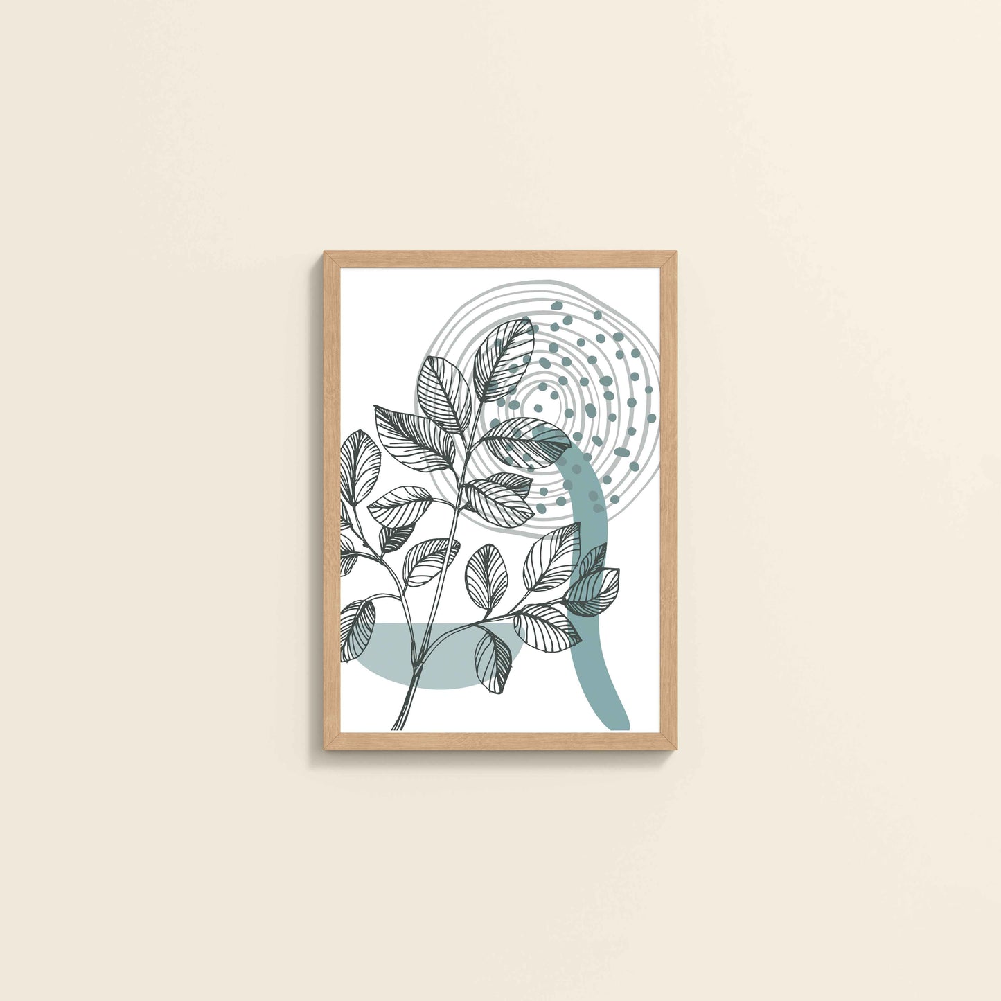Wall View of Nature’s Rhythm – Contemporary Leaf Line Art in Natrual Color Frame