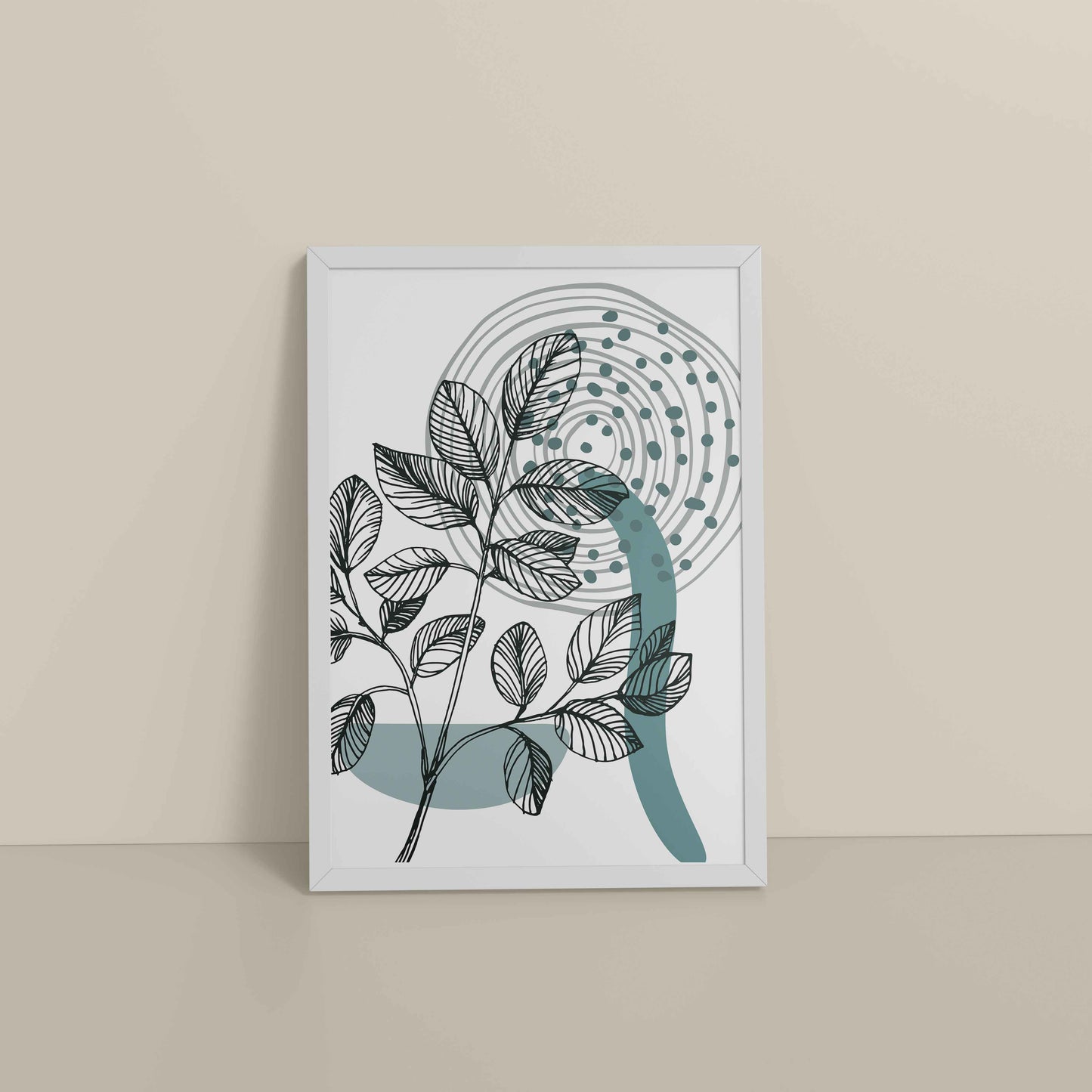 Floor View of Nature’s Rhythm – Contemporary Leaf Line Art in White Color Frame