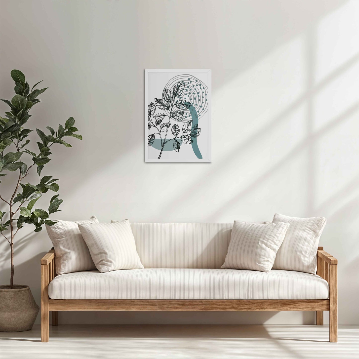 Living Room Cabinet Table Preview of Nature’s Rhythm – Contemporary Leaf Line Art in White Color Frame