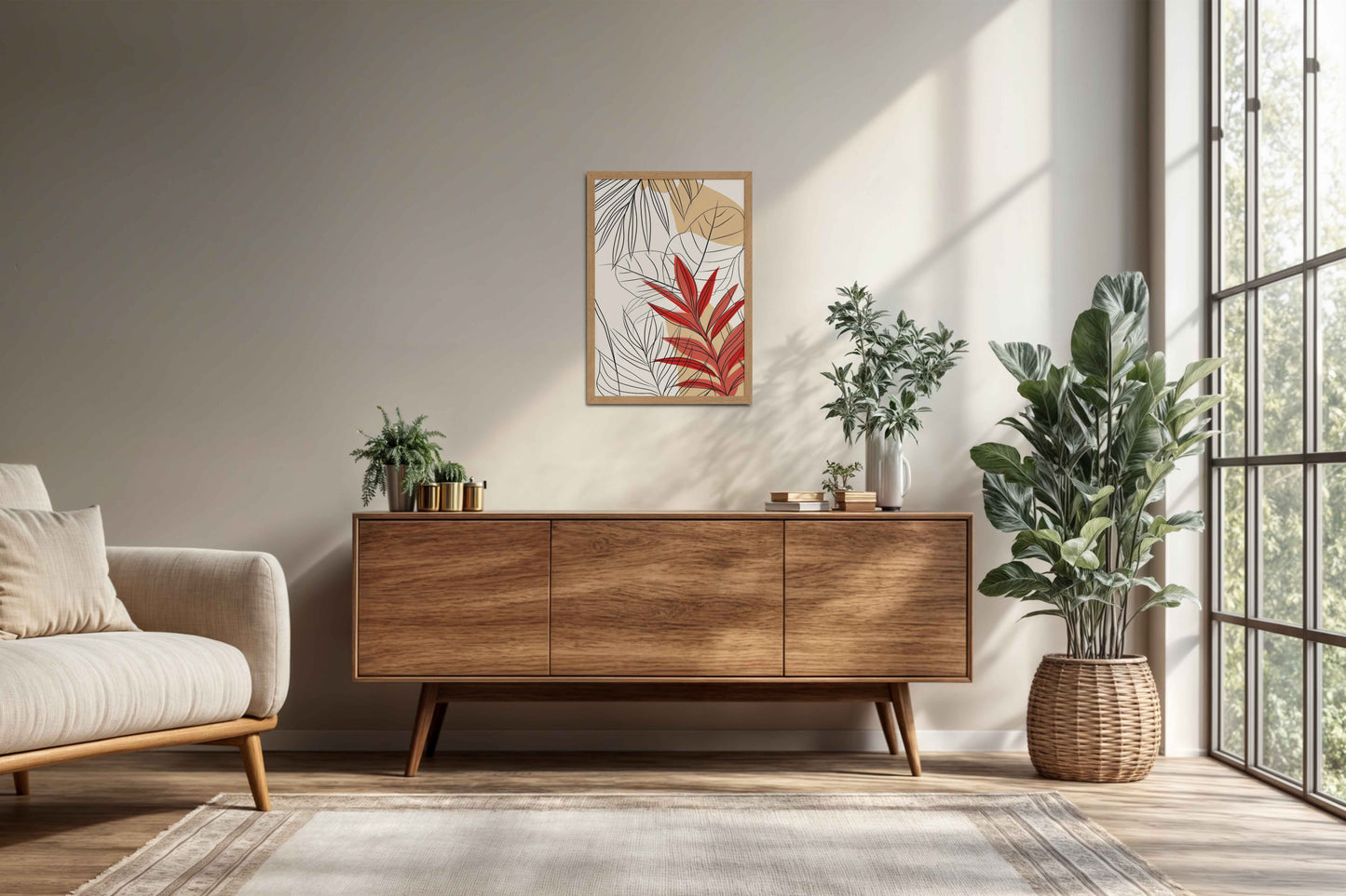 Living Room Cabinet Preview of Abstract Botanical Line Art – Floral & Leaf Motifs in Natrual Color Frame