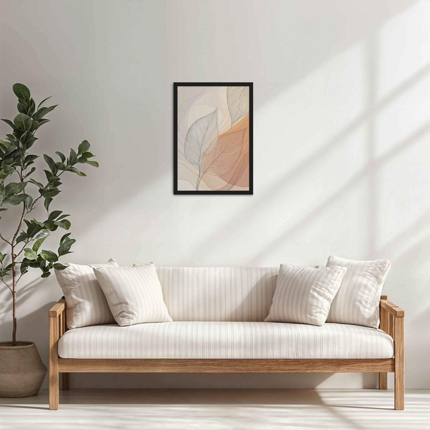 Living Room Cabinet Table Preview of Living Hues – Vibrant Leaves Line Art Wall Decor in Black Color Frame