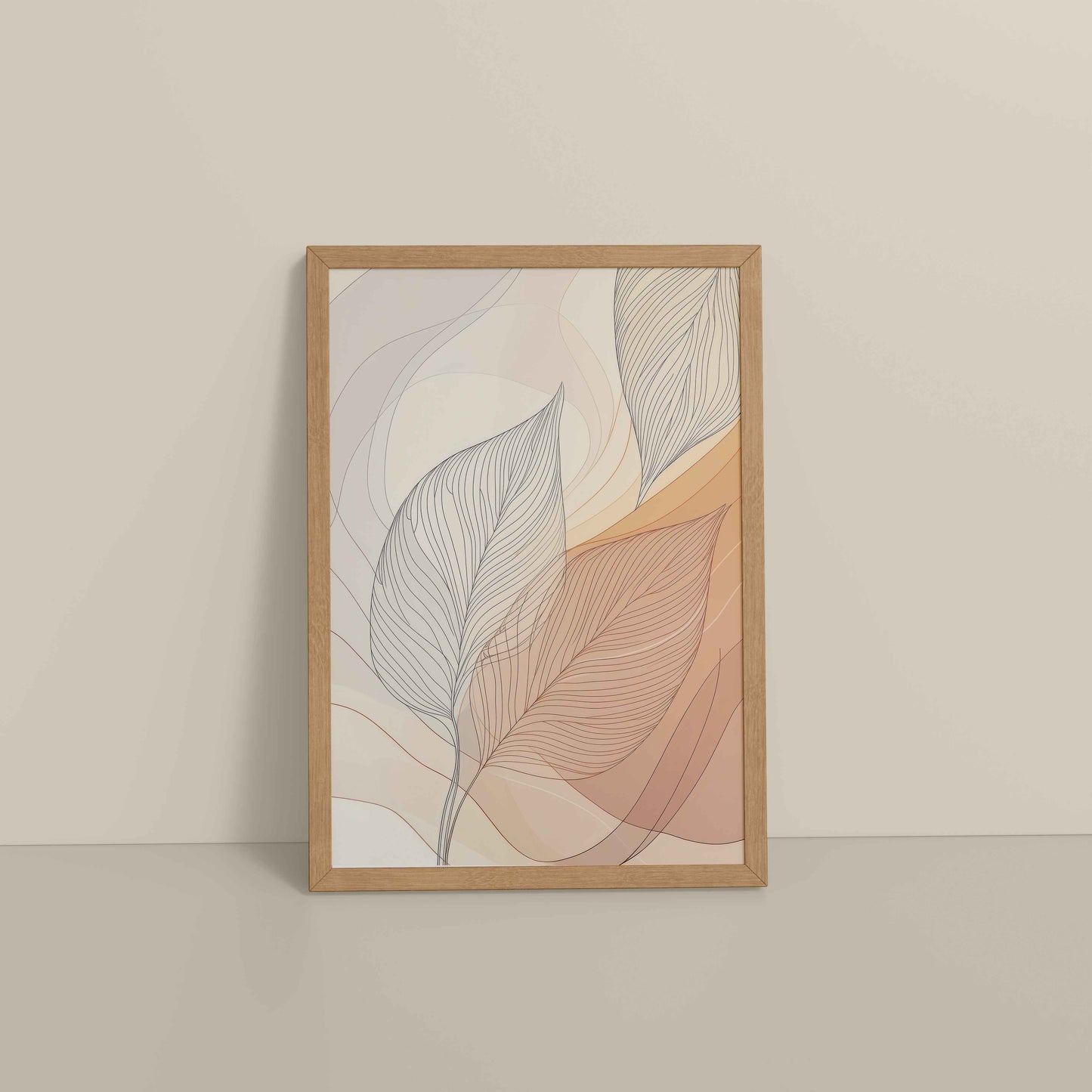 Floor View of Living Hues – Vibrant Leaves Line Art Wall Decor in Natrual Color Frame