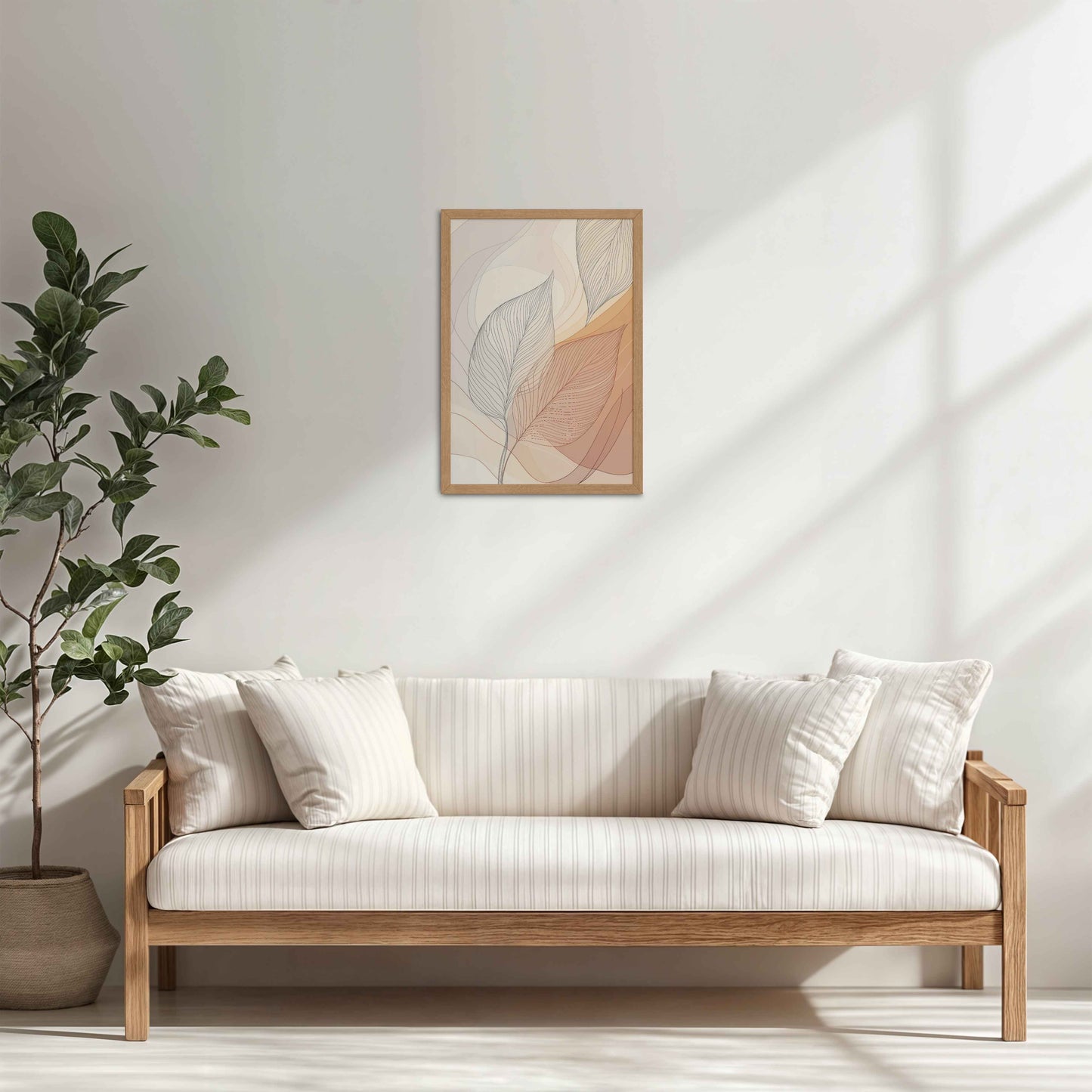 Living Room Cabinet Table Preview of Living Hues – Vibrant Leaves Line Art Wall Decor in Natrual Color Frame