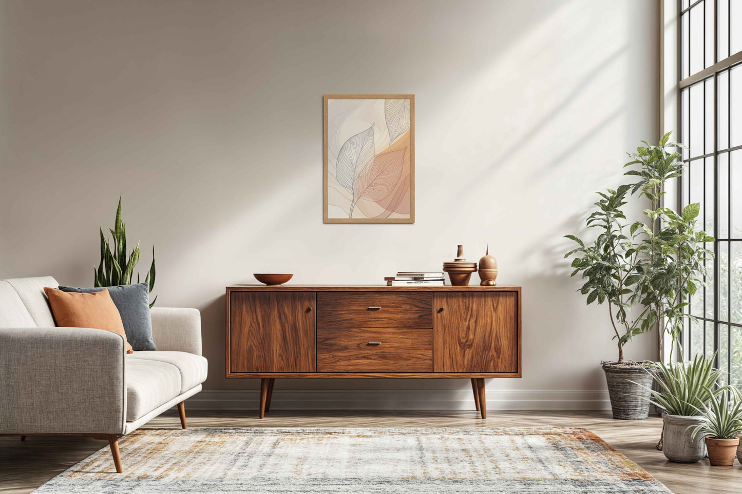 Living Room Sofa Preview of Living Hues – Vibrant Leaves Line Art Wall Decor in Natrual Color Frame