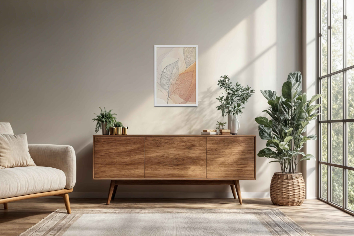 Living Room Cabinet Preview of Living Hues – Vibrant Leaves Line Art Wall Decor in White Color Frame