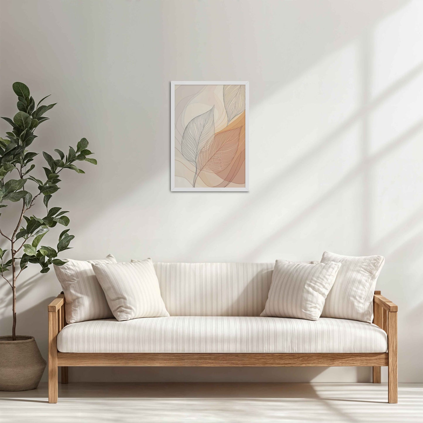 Living Room Cabinet Table Preview of Living Hues – Vibrant Leaves Line Art Wall Decor in White Color Frame
