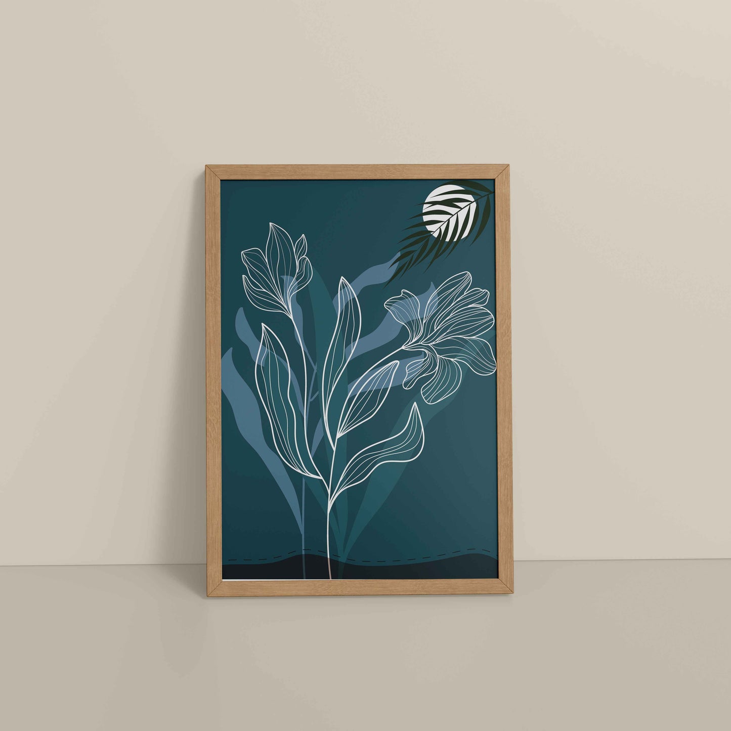 Floor View of Floral Majesty – Minimalist Line Art Wall Decor in Natrual Color Frame