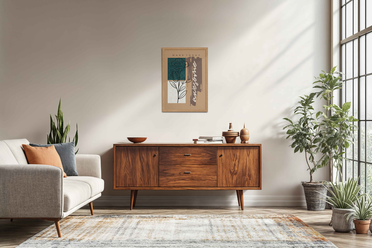 Living Room Sofa Preview of Daily Bloom – Motivational Flower Line Artwork in Natrual Color Frame