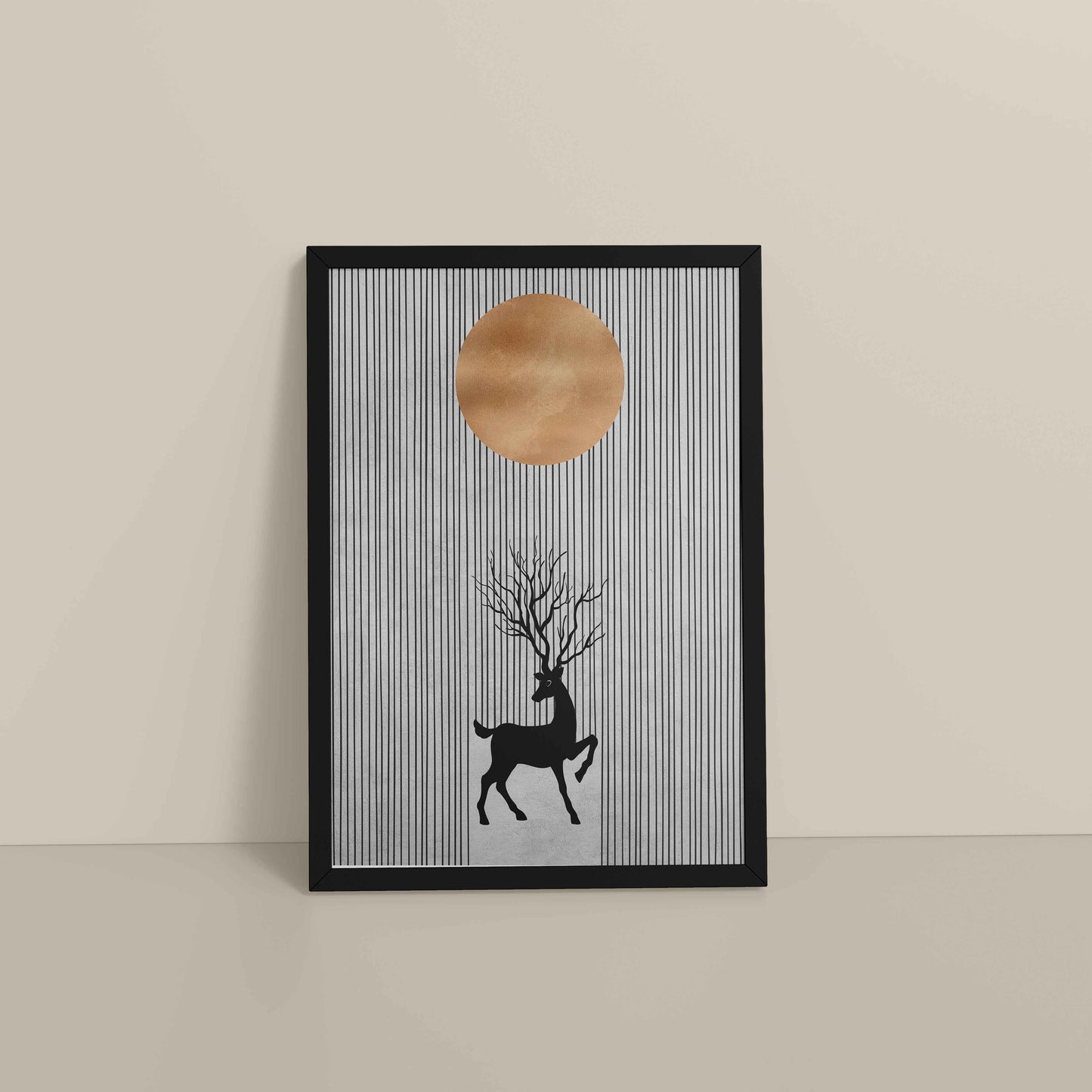 Floor View of Silent Grace – Minimalist Deer & Sun Line Art in Black Color Frame