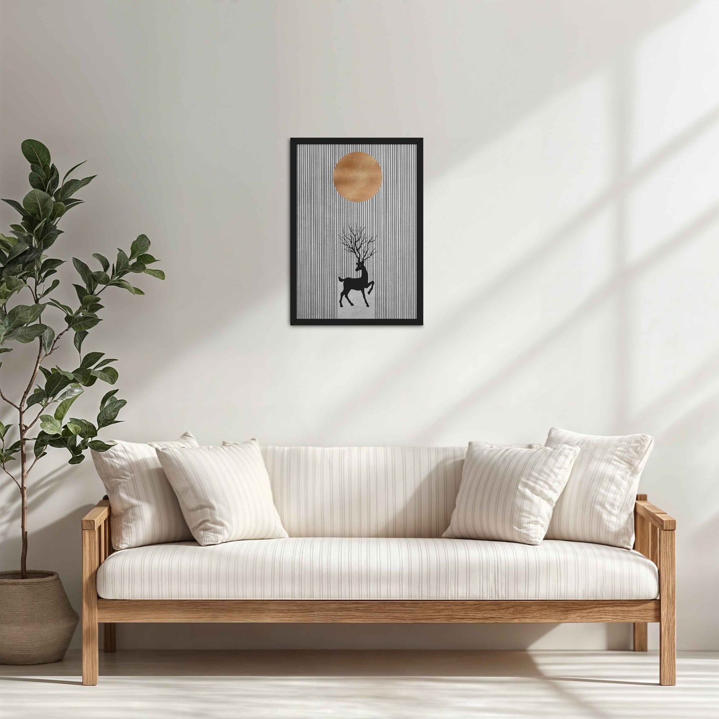 Living Room Cabinet Table Preview of Silent Grace – Minimalist Deer & Sun Line Art in Black Color Frame