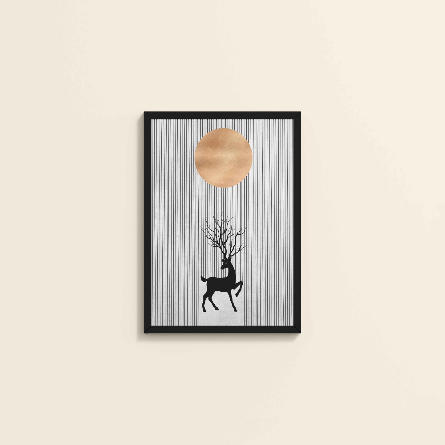 Wall View of Silent Grace – Minimalist Deer & Sun Line Art in Black Color Frame
