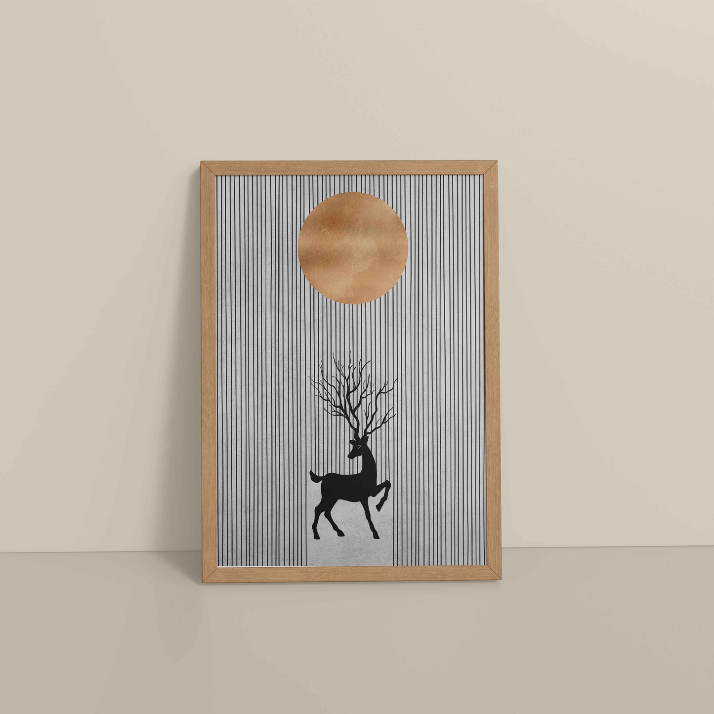 Floor View of Silent Grace – Minimalist Deer & Sun Line Art in Natrual Color Frame