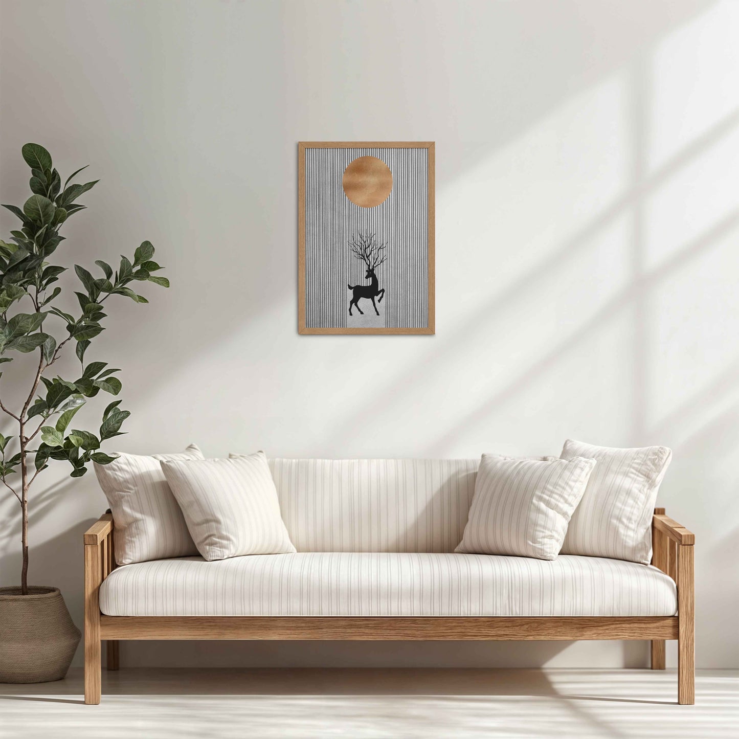 Living Room Cabinet Table Preview of Silent Grace – Minimalist Deer & Sun Line Art in Natrual Color Frame