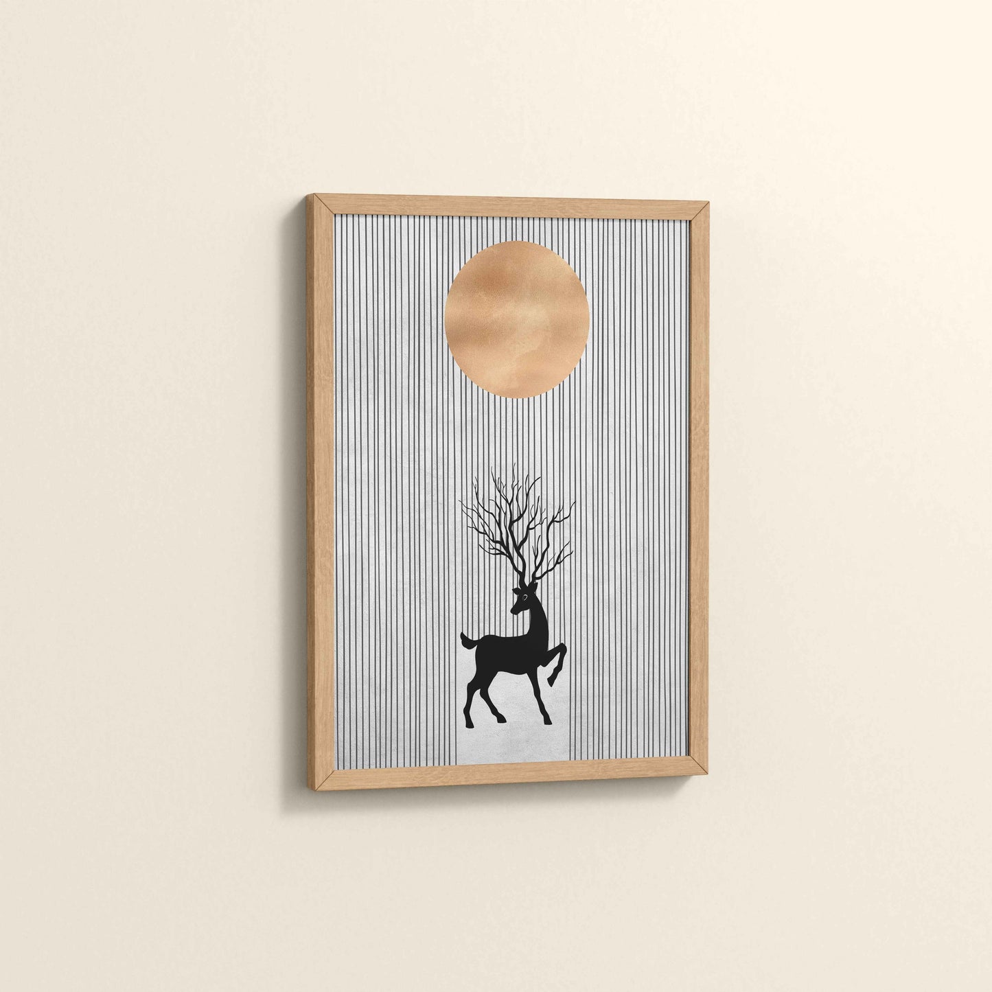Side View of Silent Grace – Minimalist Deer & Sun Line Art in Natrual Color Frame