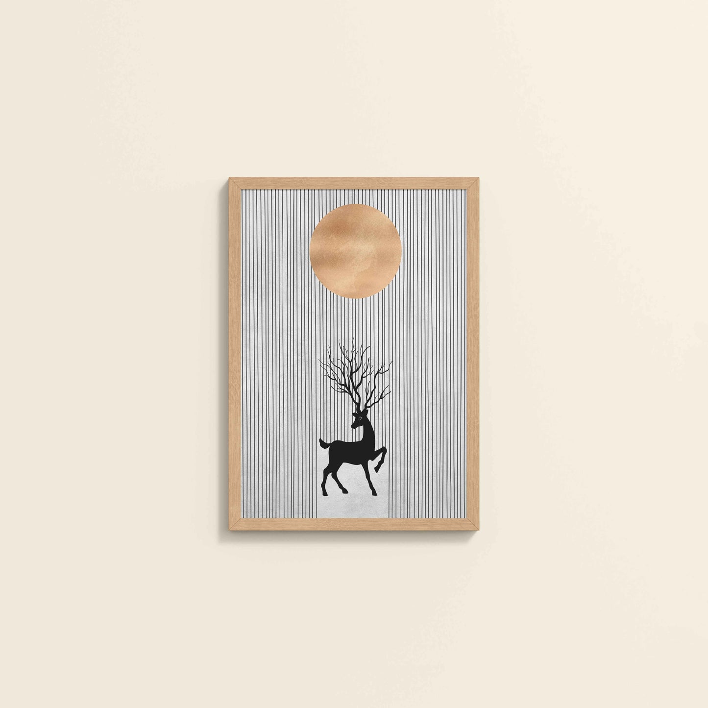 Wall View of Silent Grace – Minimalist Deer & Sun Line Art in Natrual Color Frame