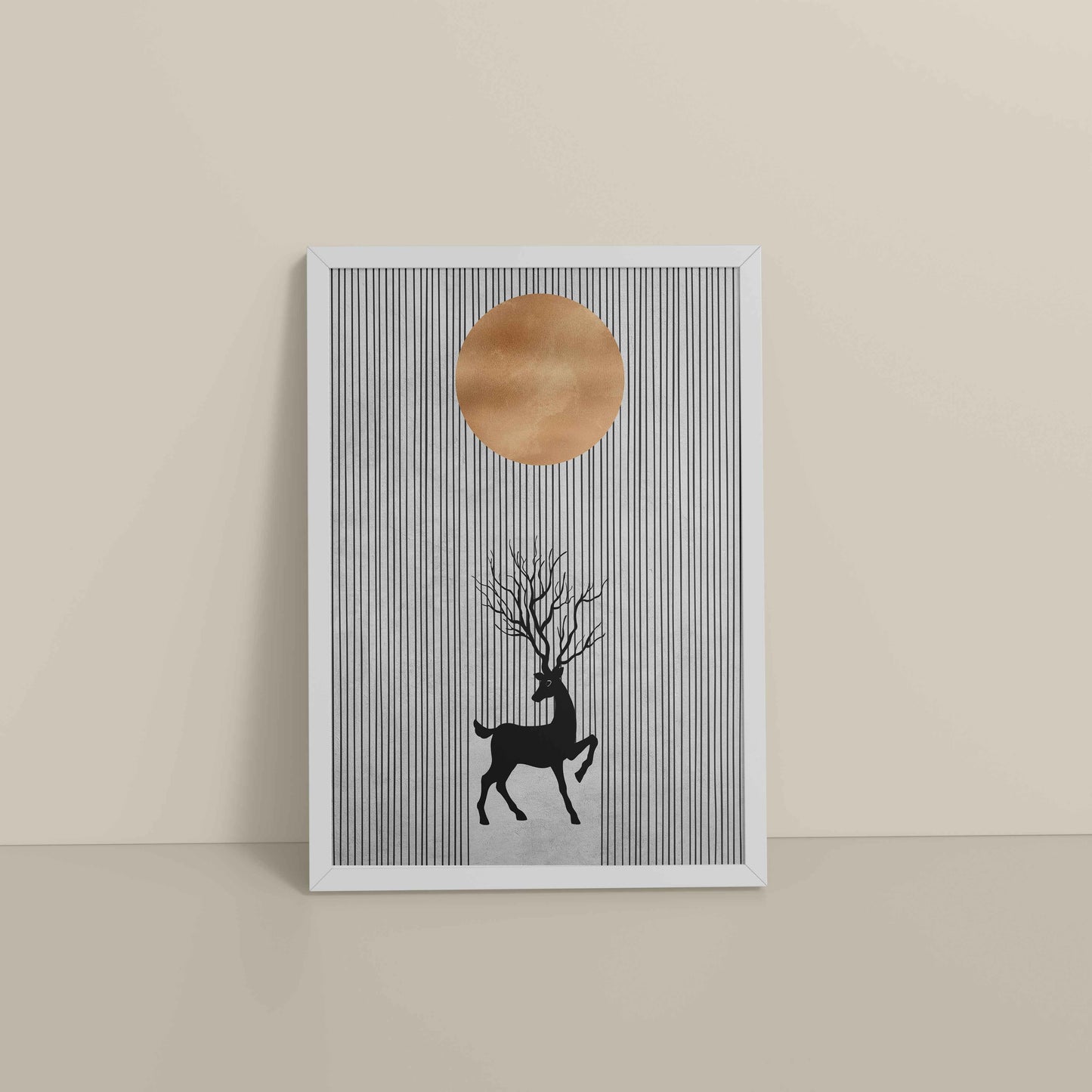 Floor View of Silent Grace – Minimalist Deer & Sun Line Art in White Color Frame