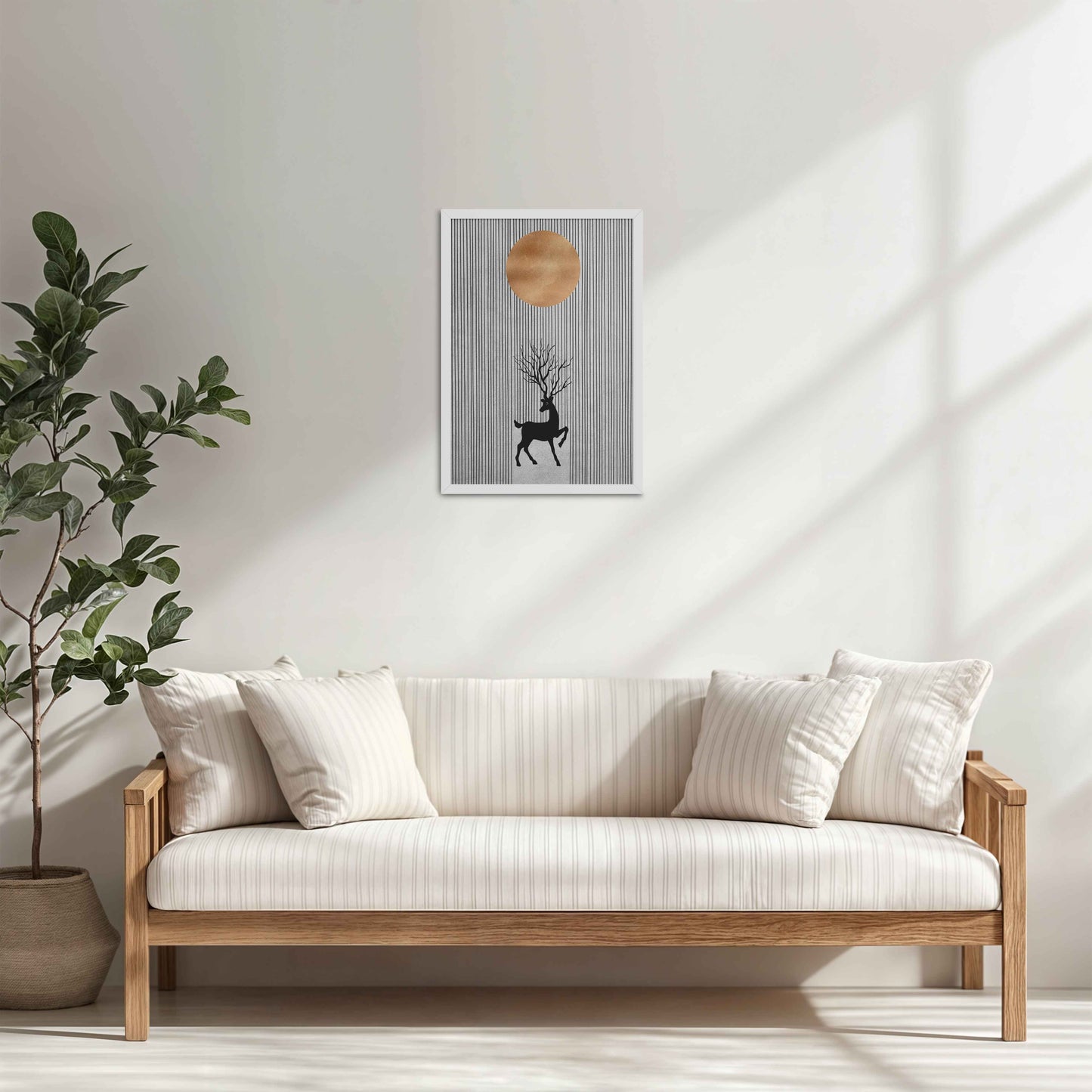 Living Room Cabinet Table Preview of Silent Grace – Minimalist Deer & Sun Line Art in White Color Frame