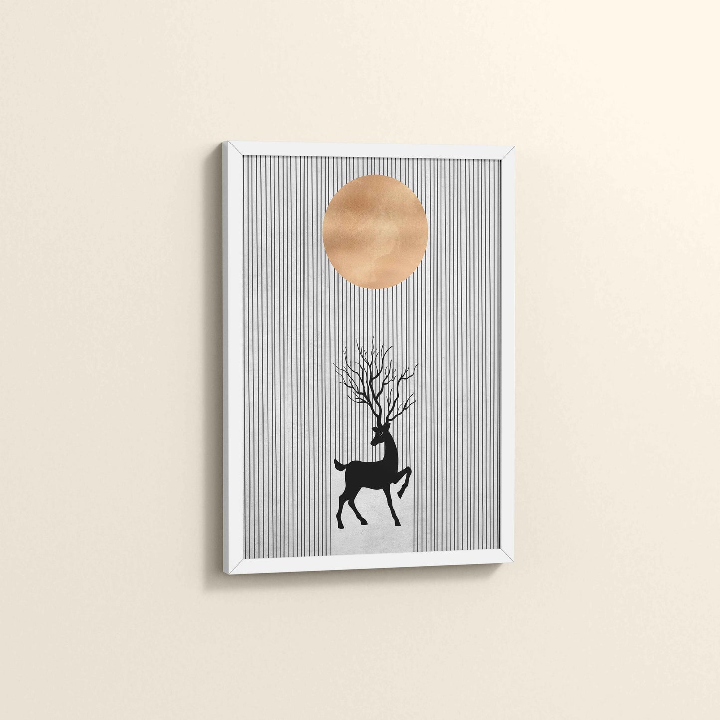 Side View of Silent Grace – Minimalist Deer & Sun Line Art in White Color Frame