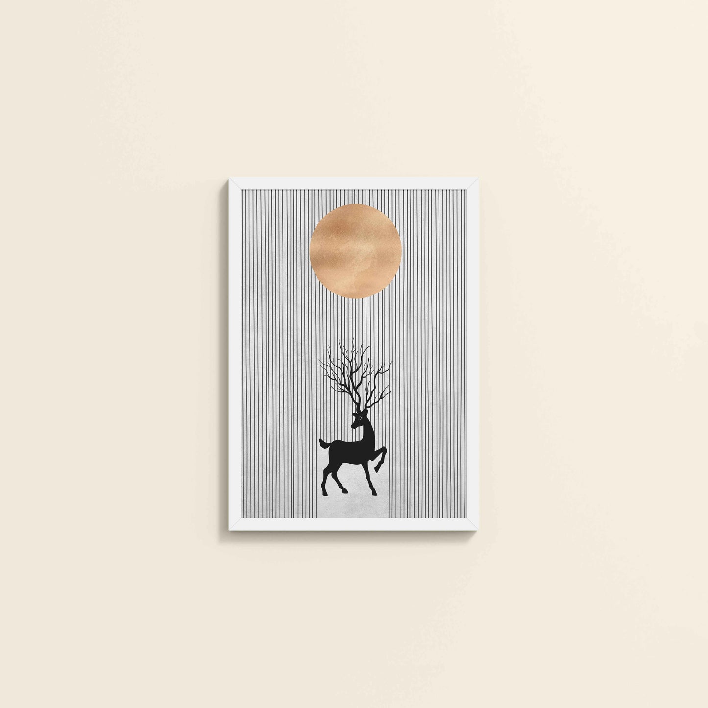 Wall View of Silent Grace – Minimalist Deer & Sun Line Art in White Color Frame
