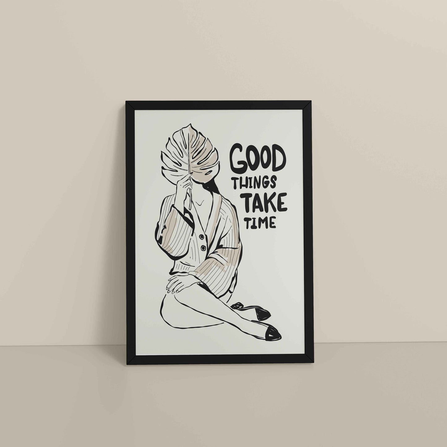 Floor View of Good Things Take Time – Minimalist Quote Line Art Frame in Black Color Frame