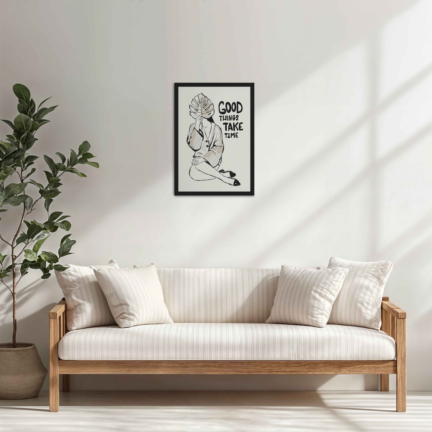 Living Room Cabinet Table Preview of Good Things Take Time – Minimalist Quote Line Art Frame in Black Color Frame