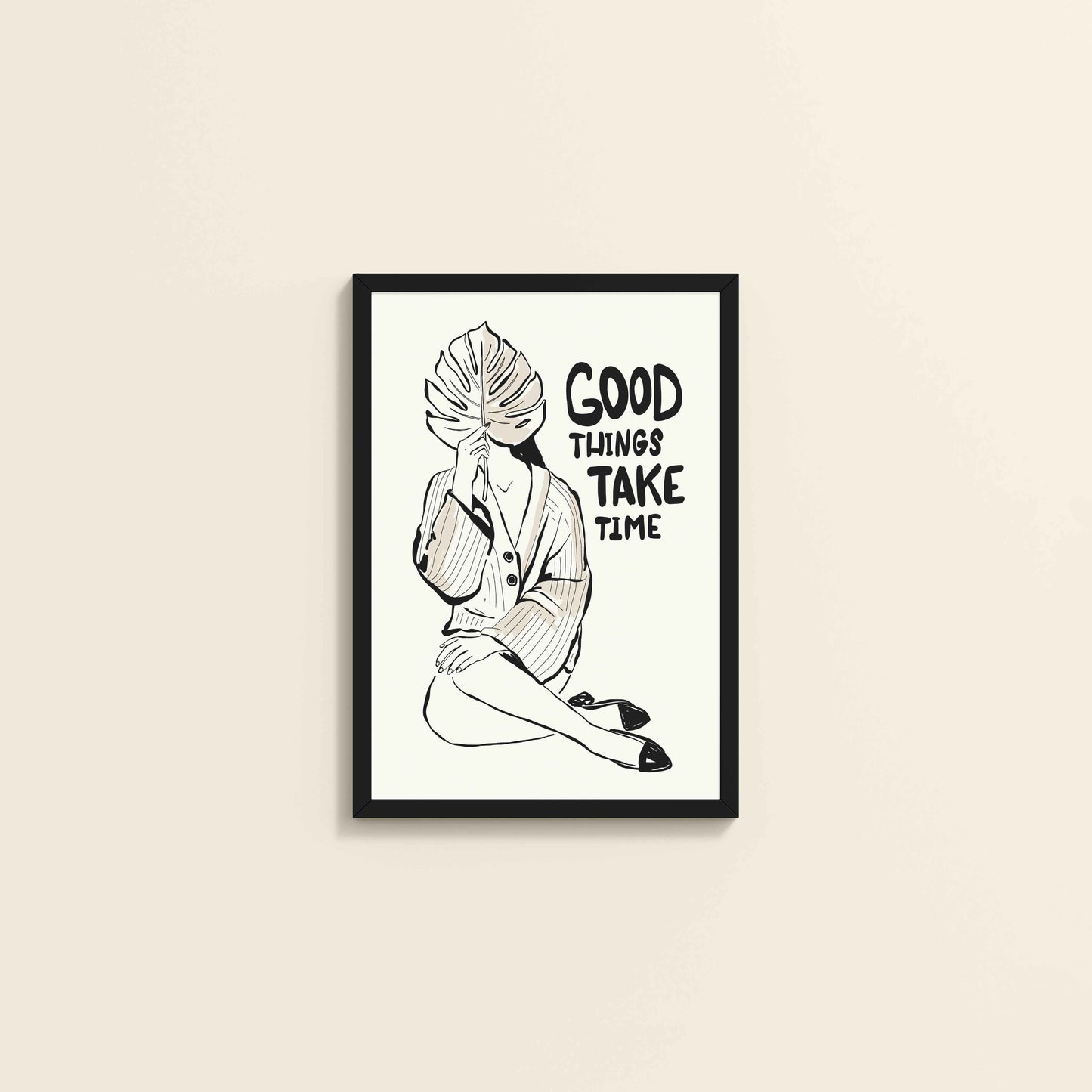 Wall View of Good Things Take Time – Minimalist Quote Line Art Frame in Black Color Frame