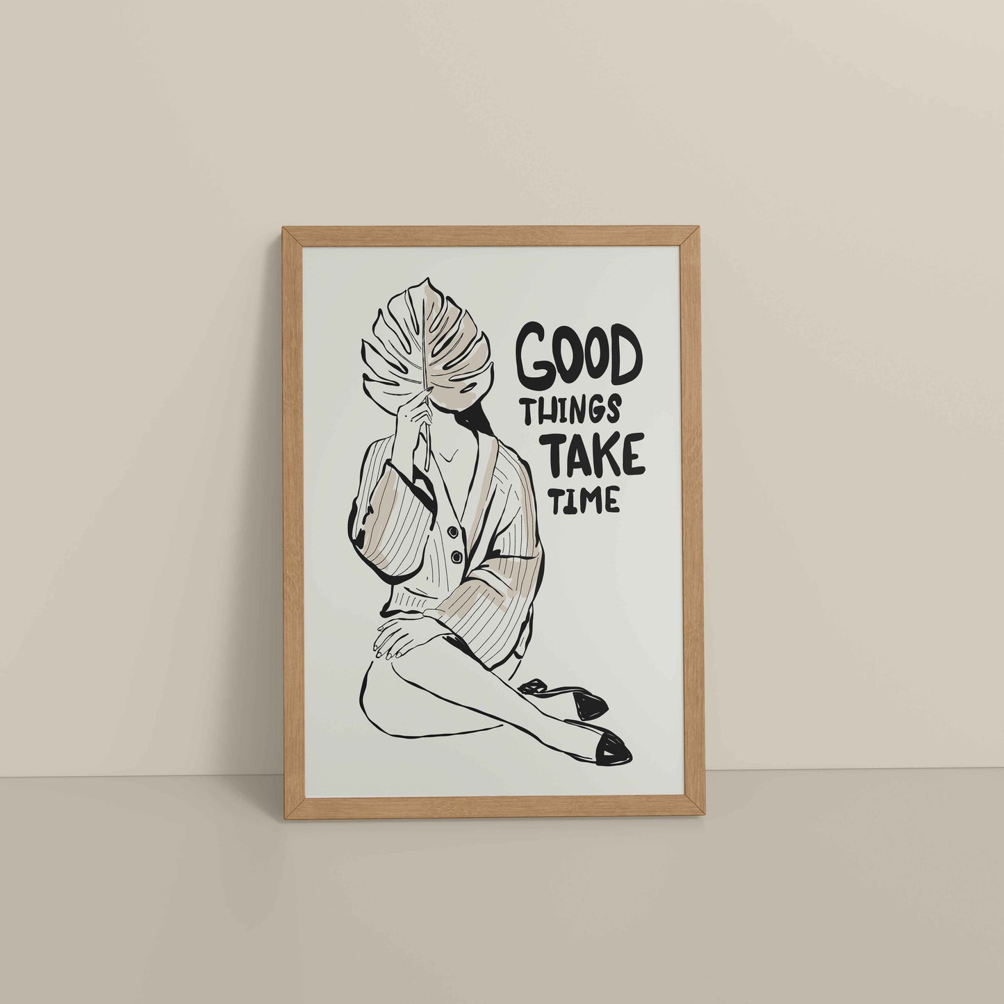 Floor View of Good Things Take Time – Minimalist Quote Line Art Frame in Natrual Color Frame