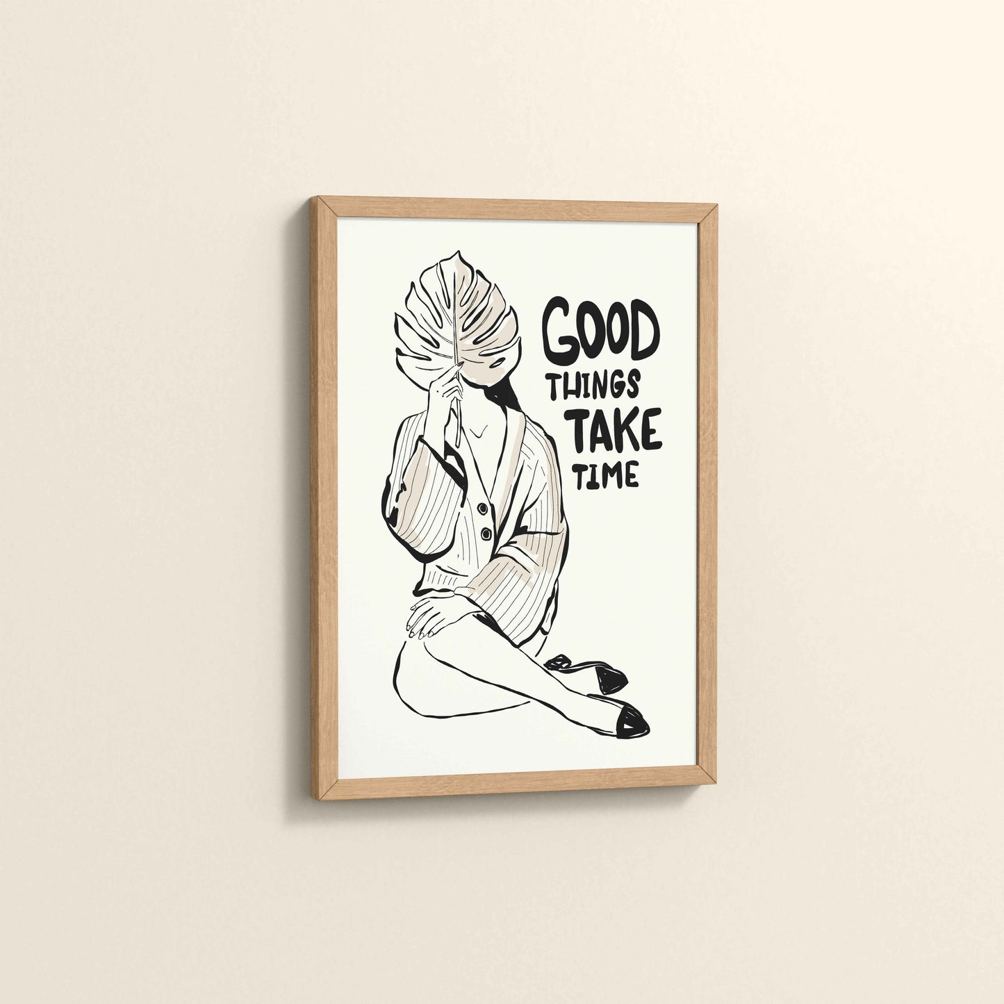Side View of Good Things Take Time – Minimalist Quote Line Art Frame in Natrual Color Frame
