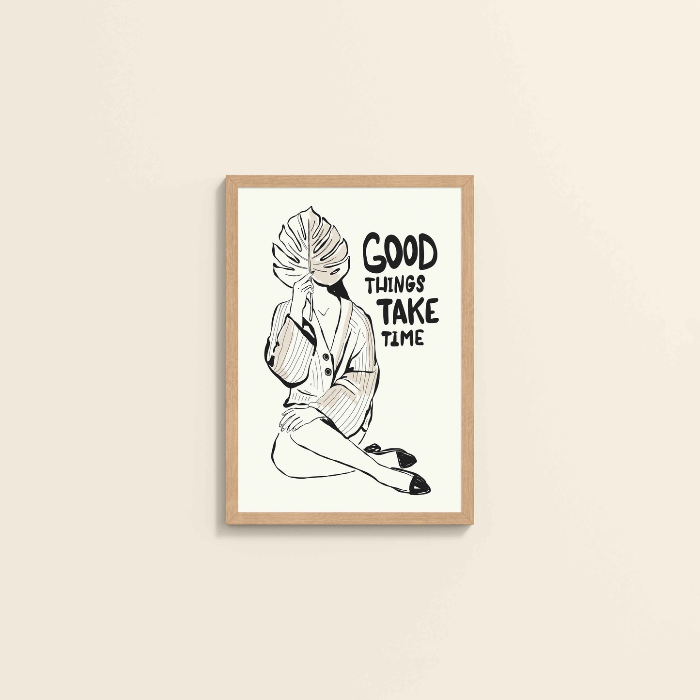Wall View of Good Things Take Time – Minimalist Quote Line Art Frame in Natrual Color Frame