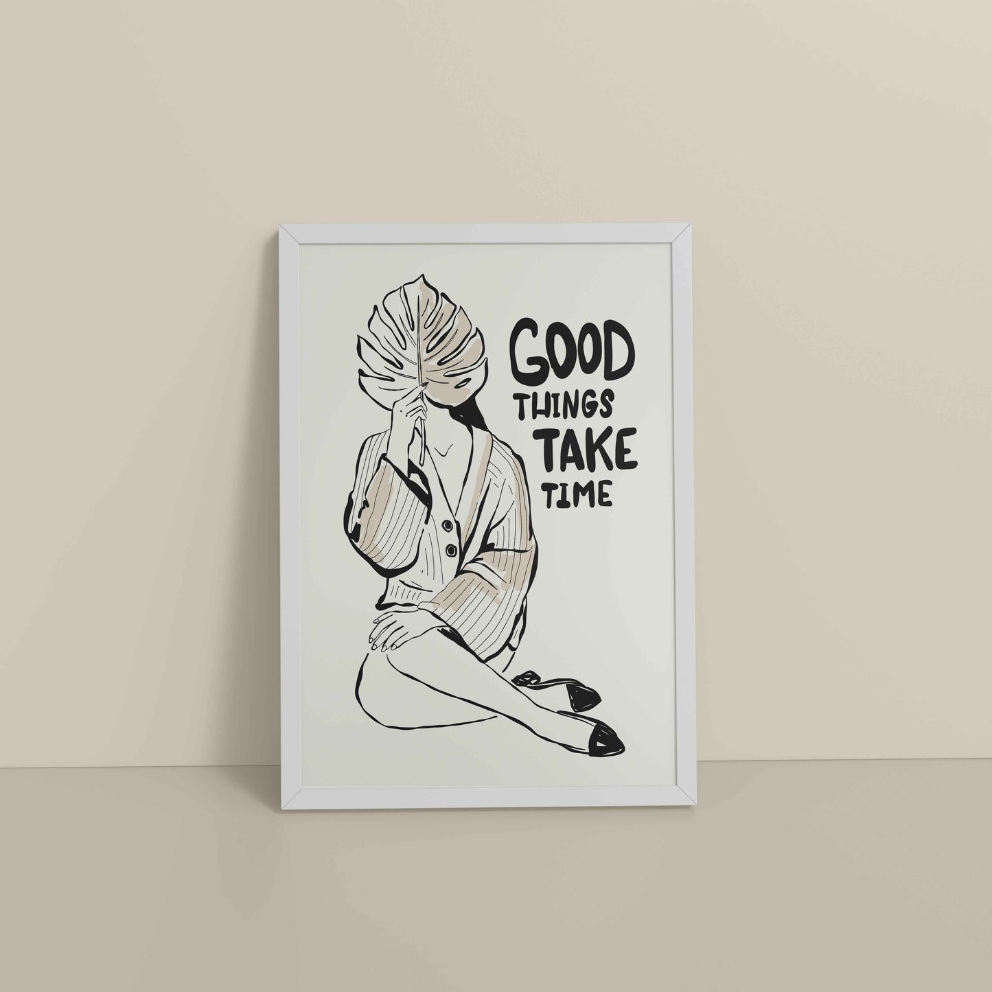 Floor View of Good Things Take Time – Minimalist Quote Line Art Frame in White Color Frame