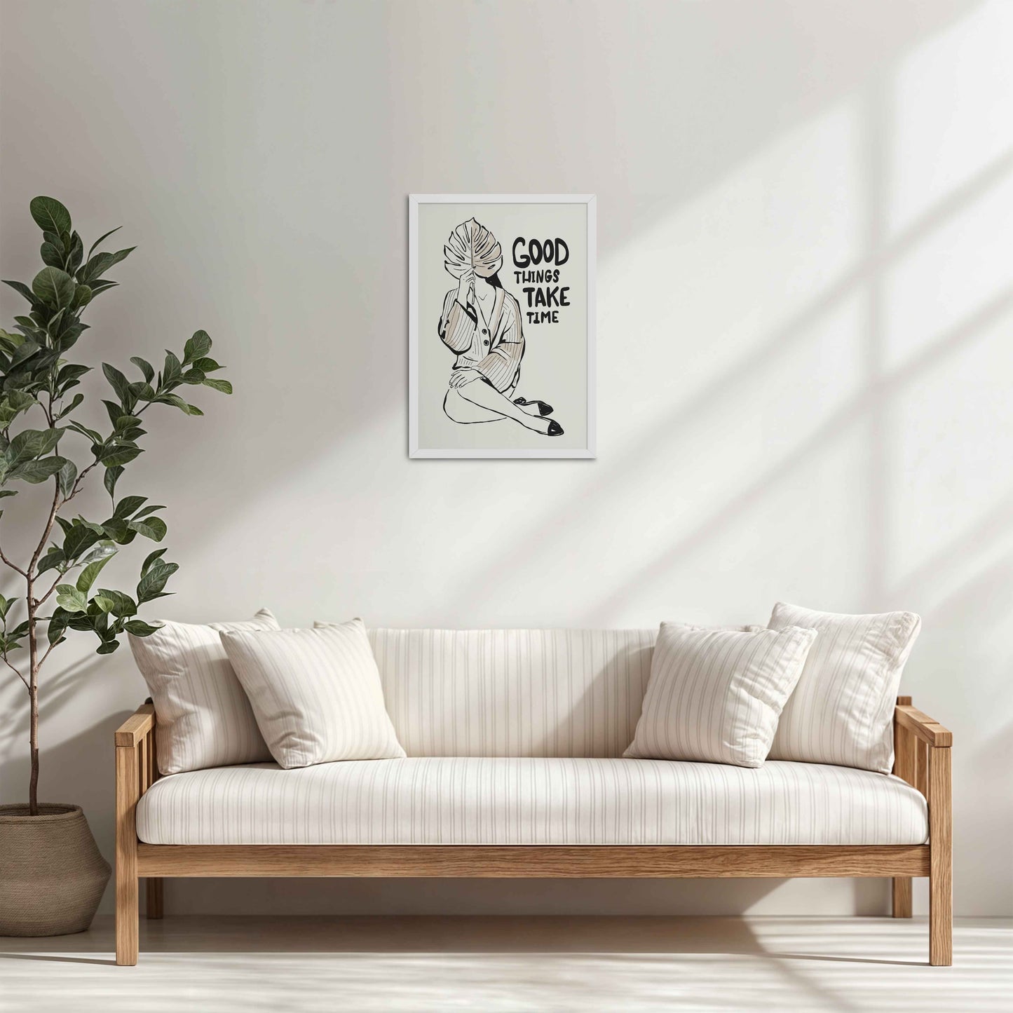 Living Room Cabinet Table Preview of Good Things Take Time – Minimalist Quote Line Art Frame in White Color Frame