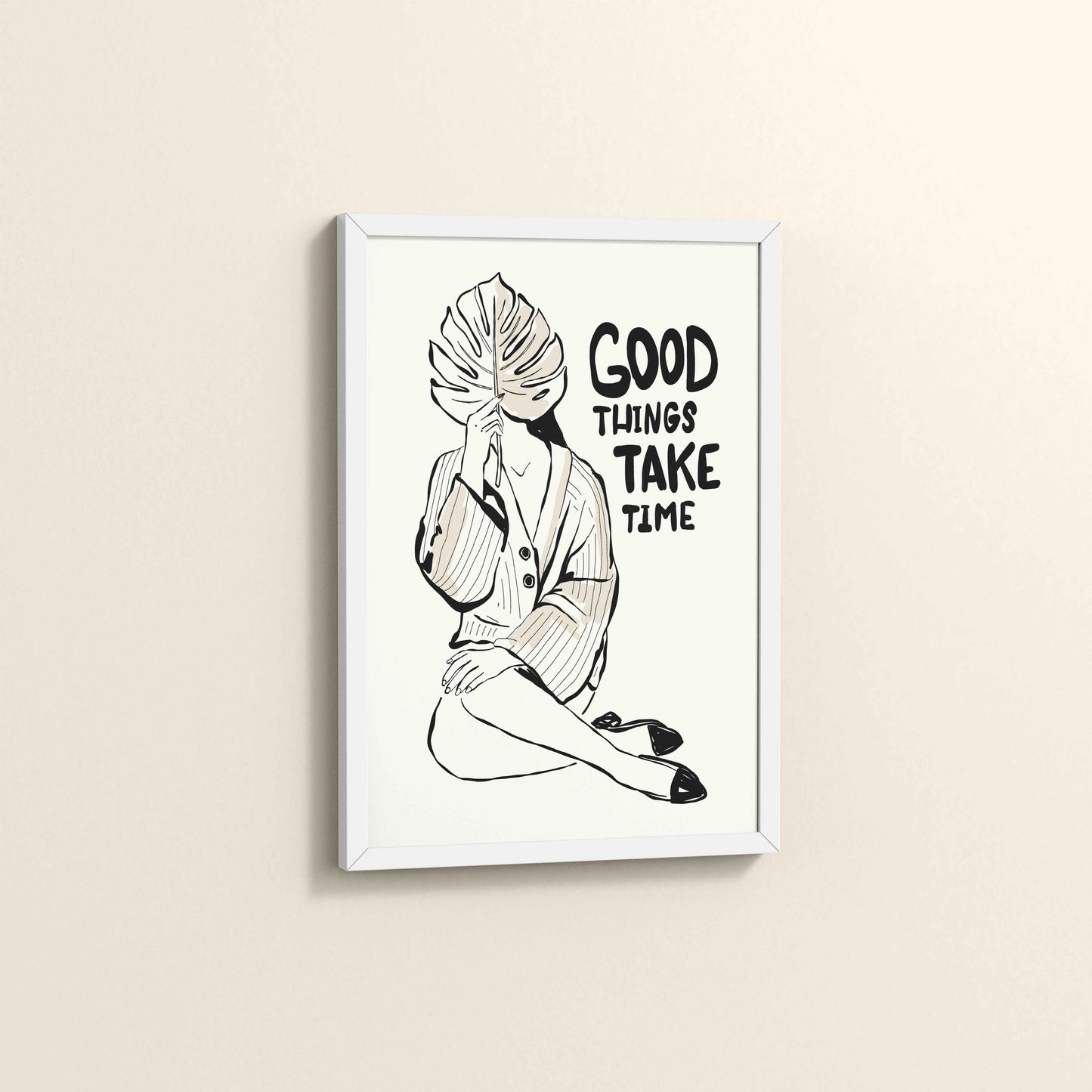Side View of Good Things Take Time – Minimalist Quote Line Art Frame in White Color Frame