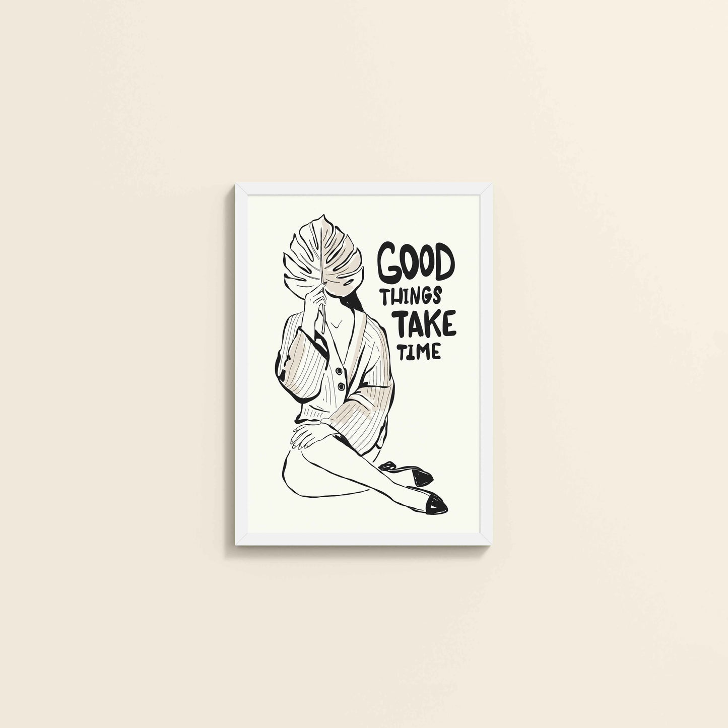 Wall View of Good Things Take Time – Minimalist Quote Line Art Frame in White Color Frame