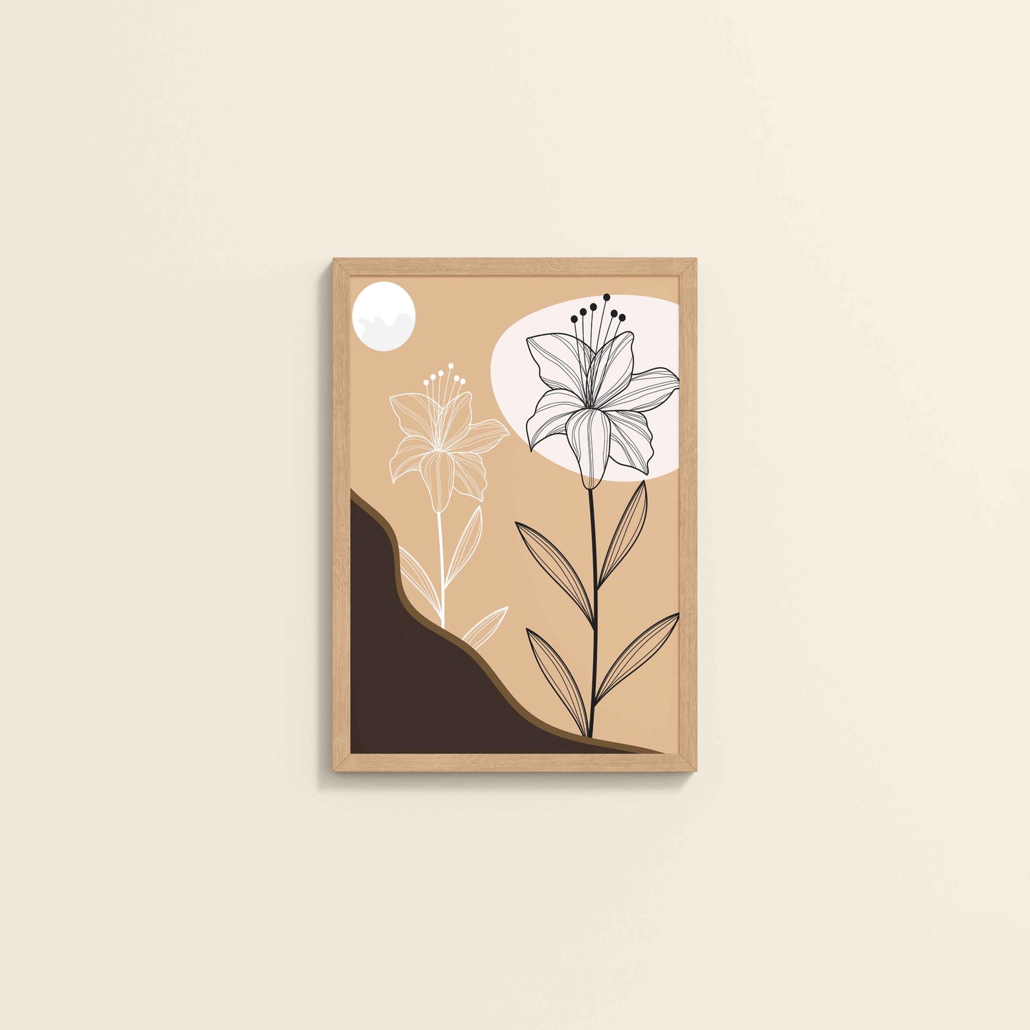 Wall View of Silent Petals – Artistic Flower Line Art in Natrual Color Frame