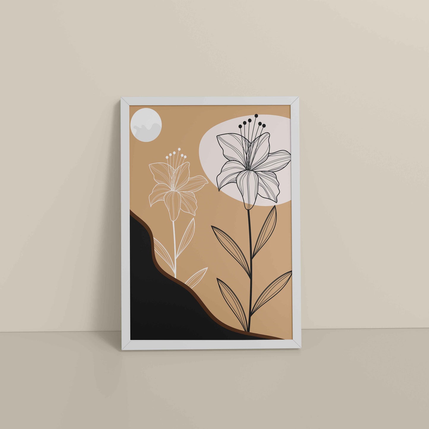 Floor View of Silent Petals – Artistic Flower Line Art in White Color Frame