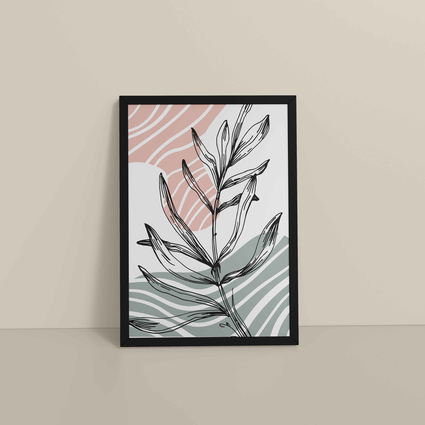 Floor View of Organic Flow – Minimalist Leaves Line Art Wall Decor in Black Color Frame