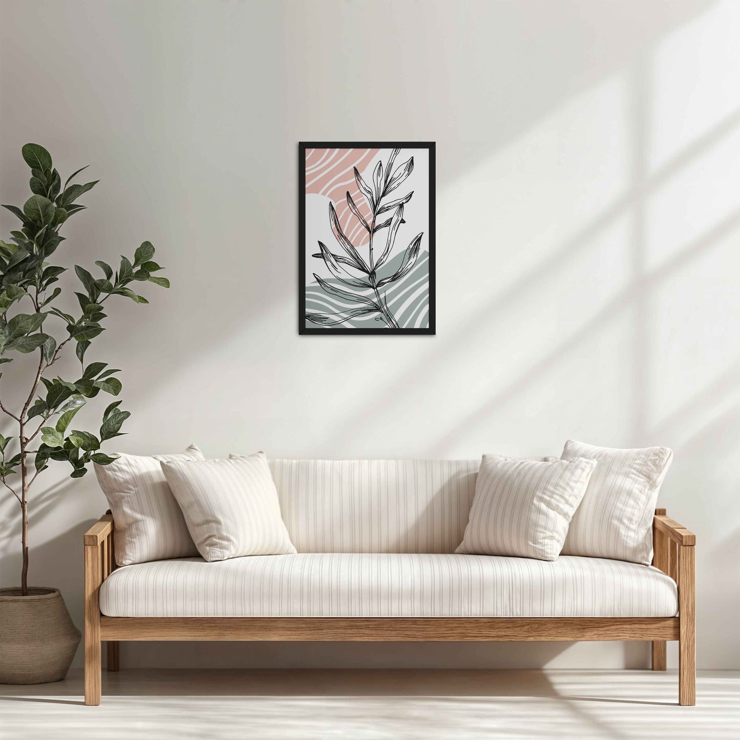 Living Room Cabinet Table Preview of Organic Flow – Minimalist Leaves Line Art Wall Decor in Black Color Frame