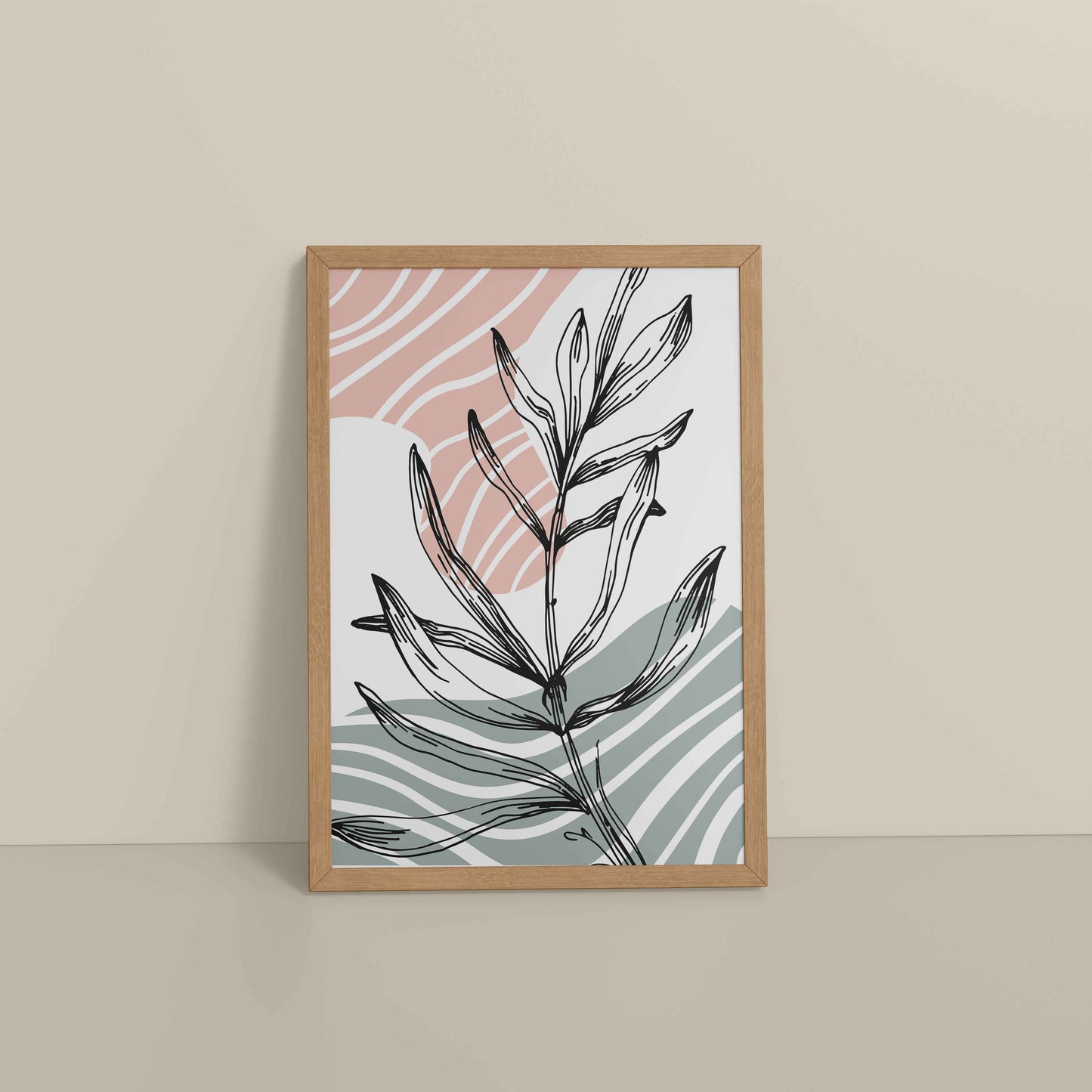Floor View of Organic Flow – Minimalist Leaves Line Art Wall Decor in Natrual Color Frame