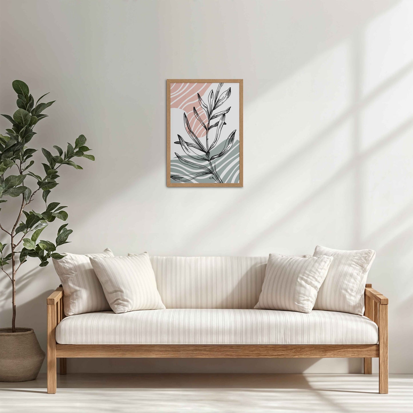 Living Room Cabinet Table Preview of Organic Flow – Minimalist Leaves Line Art Wall Decor in Natrual Color Frame