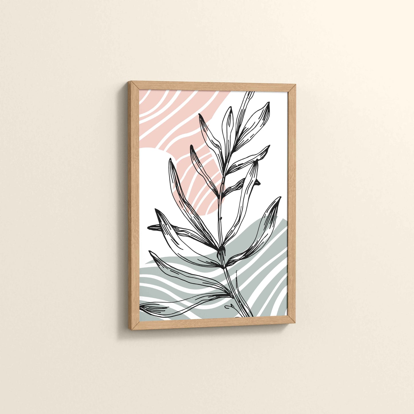 Side View of Organic Flow – Minimalist Leaves Line Art Wall Decor in Natrual Color Frame