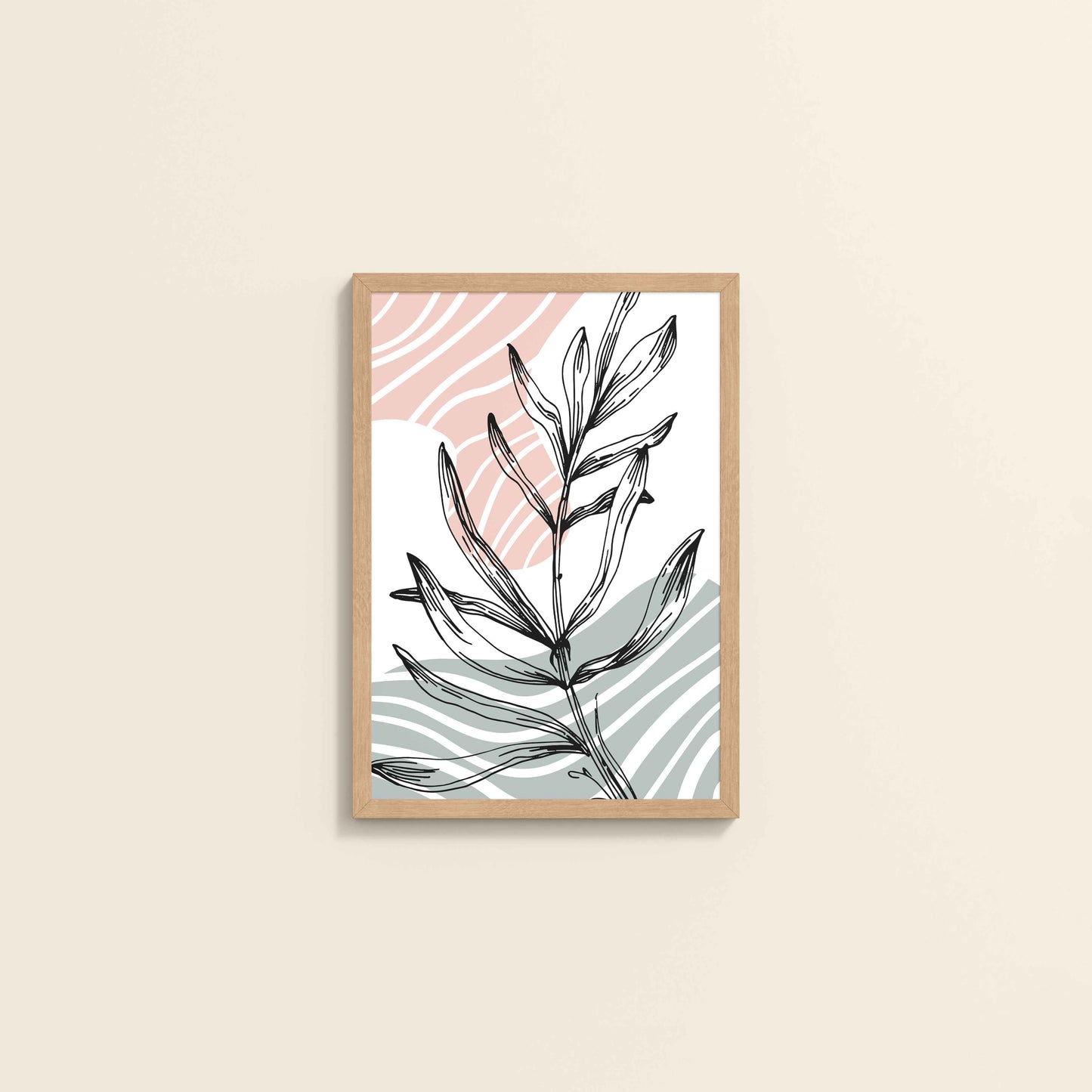 Wall View of Organic Flow – Minimalist Leaves Line Art Wall Decor in Natrual Color Frame