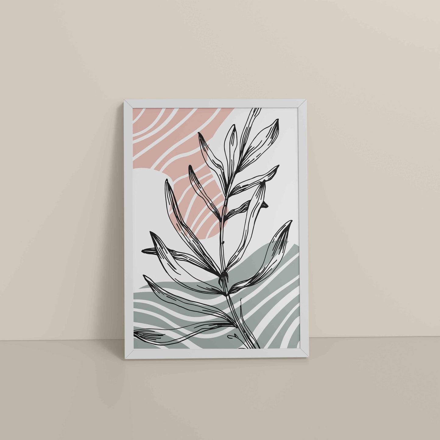 Floor View of Organic Flow – Minimalist Leaves Line Art Wall Decor in White Color Frame