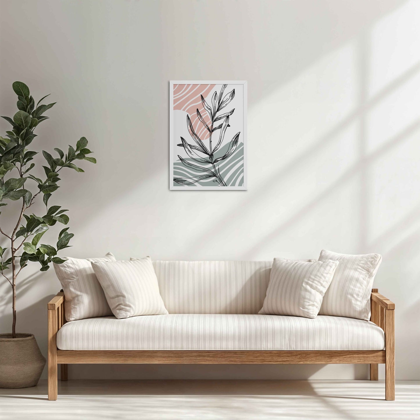 Living Room Cabinet Table Preview of Organic Flow – Minimalist Leaves Line Art Wall Decor in White Color Frame