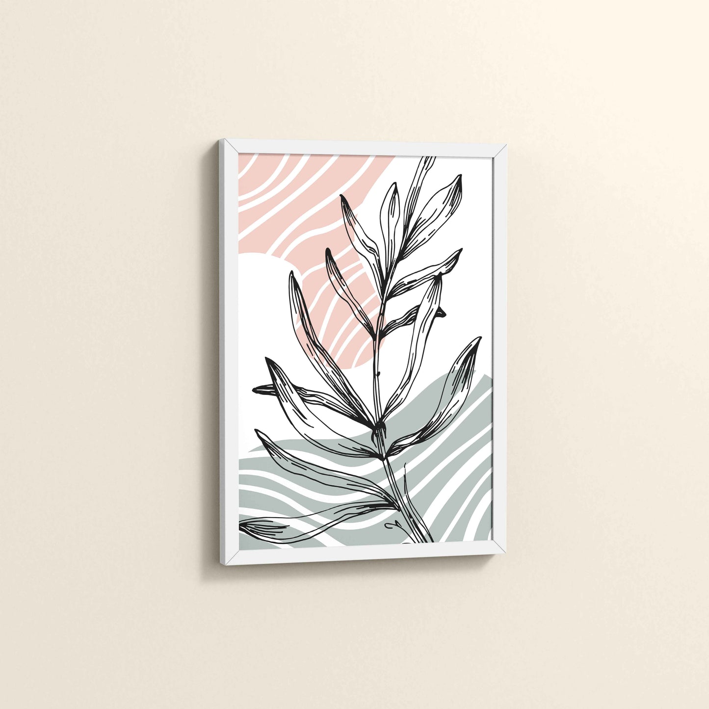 Side View of Organic Flow – Minimalist Leaves Line Art Wall Decor in White Color Frame
